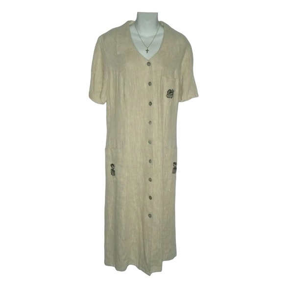 Vintage 80's Positive Influence Dress Linen Duster Tribal Boho Grandmother Plus - Picture 2 of 14